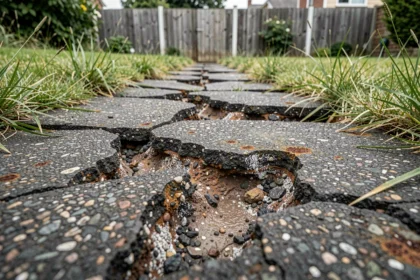 Revêtement en mâchefer dégradé avec fissures, affaissements et taches de rouille visibles sur un chemin de jardin