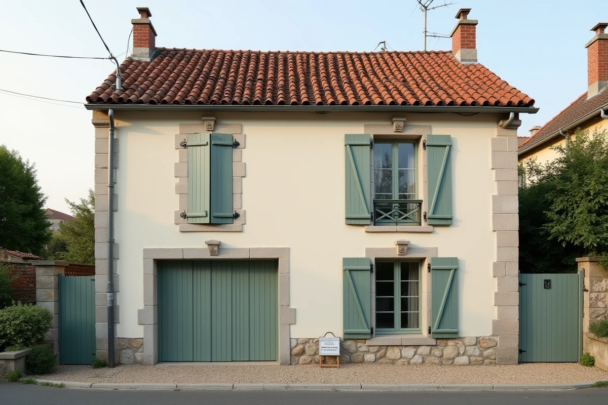 Façade d'une maison individuelle française typique de 120m2 avec volets verts