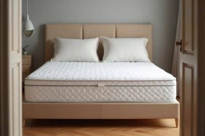 Matelas Duvivier haut de gamme dans une chambre moderne et minimaliste avec parquet en chêne et linge blanc