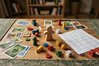 Meeple en bois au centre d'un jeu de société avec cartes, pions et feuille de score sur une table en bois