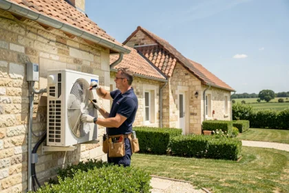 Technicien en climatisation installant une unité split sur une maison résidentielle dans l'Oise