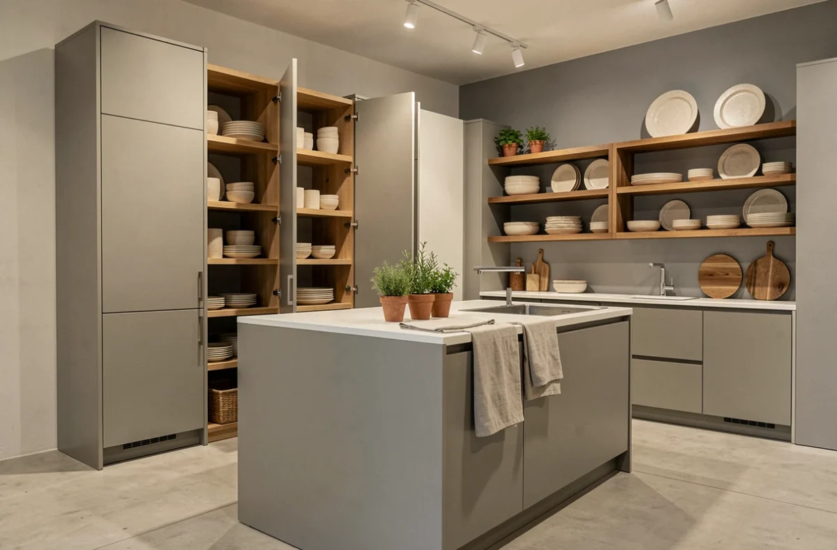 Cuisine Mobalpa Nîmes avec colonnes de rangement et îlot central en showroom aménagé