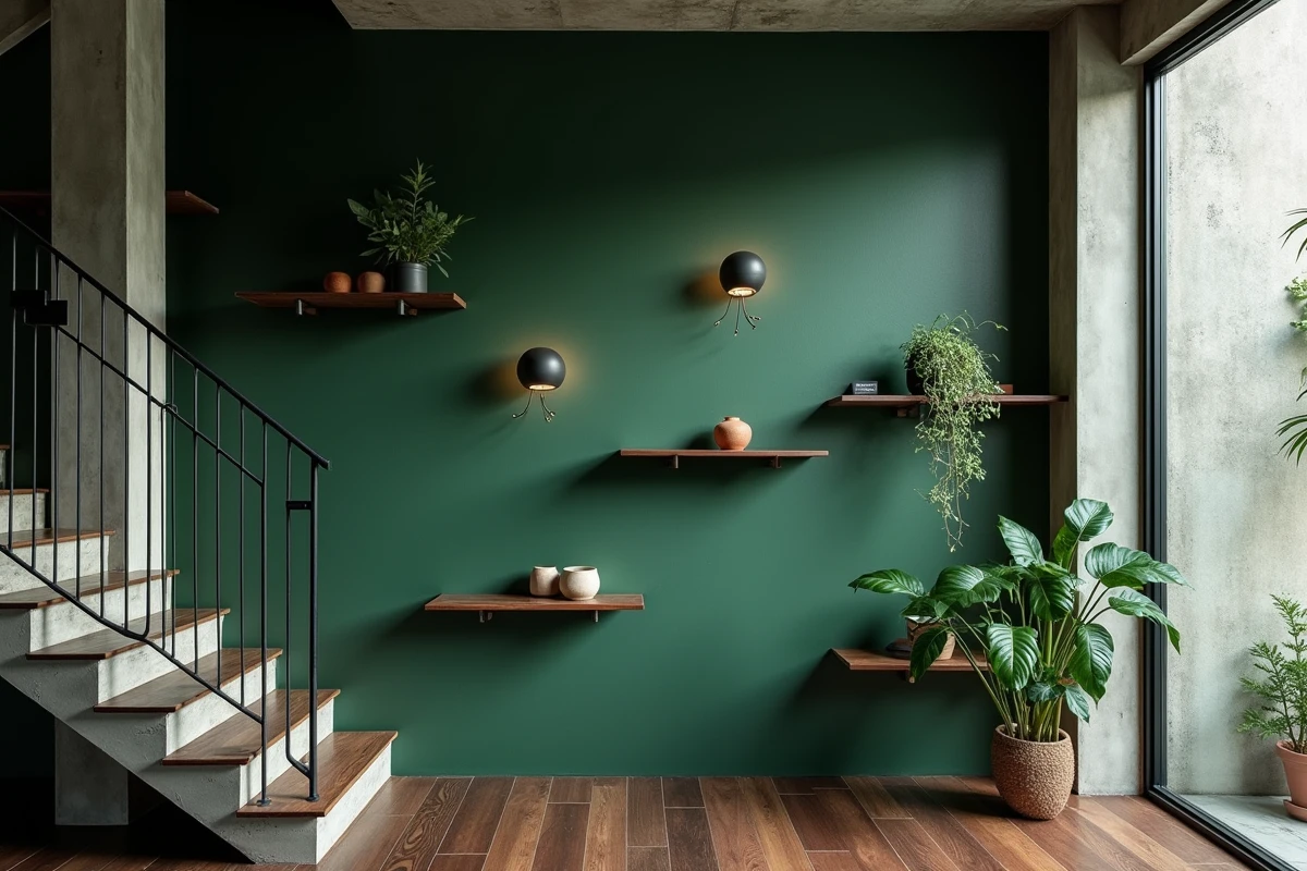 Mur cage d'escalier en badigeon vert forêt avec étagères flottantes et objets décoratifs dans un loft industriel