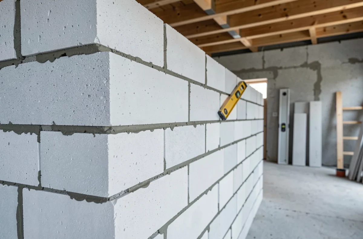 Mur porteur en blocs Siporex avec joints de mortier visibles à l'intérieur d'une maison en construction