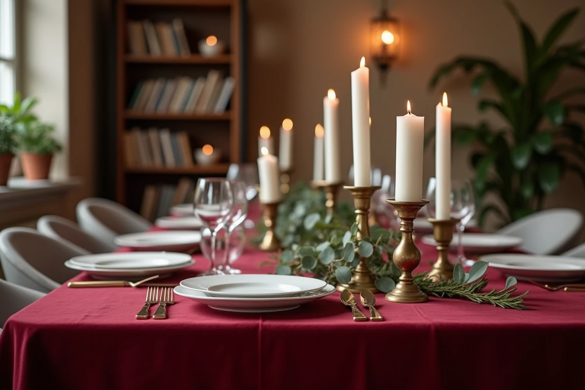 Table de fête dressée avec une nappe anti-tache bordeaux veloutée infroissable, décorée de bougies et d'eucalyptus pour un repas élégant