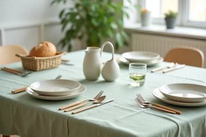 Nappe anti-tache infroissable vert sauge sur table de salle à manger moderne avec vaisselle en céramique et couverts en bois