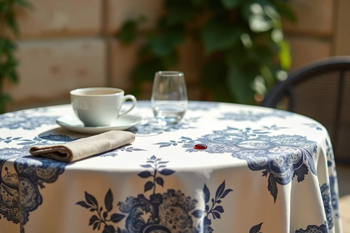 Détail d'une nappe infroissable motif toile de Jouy marine avec goutte d'eau illustrant la résistance aux taches en terrasse