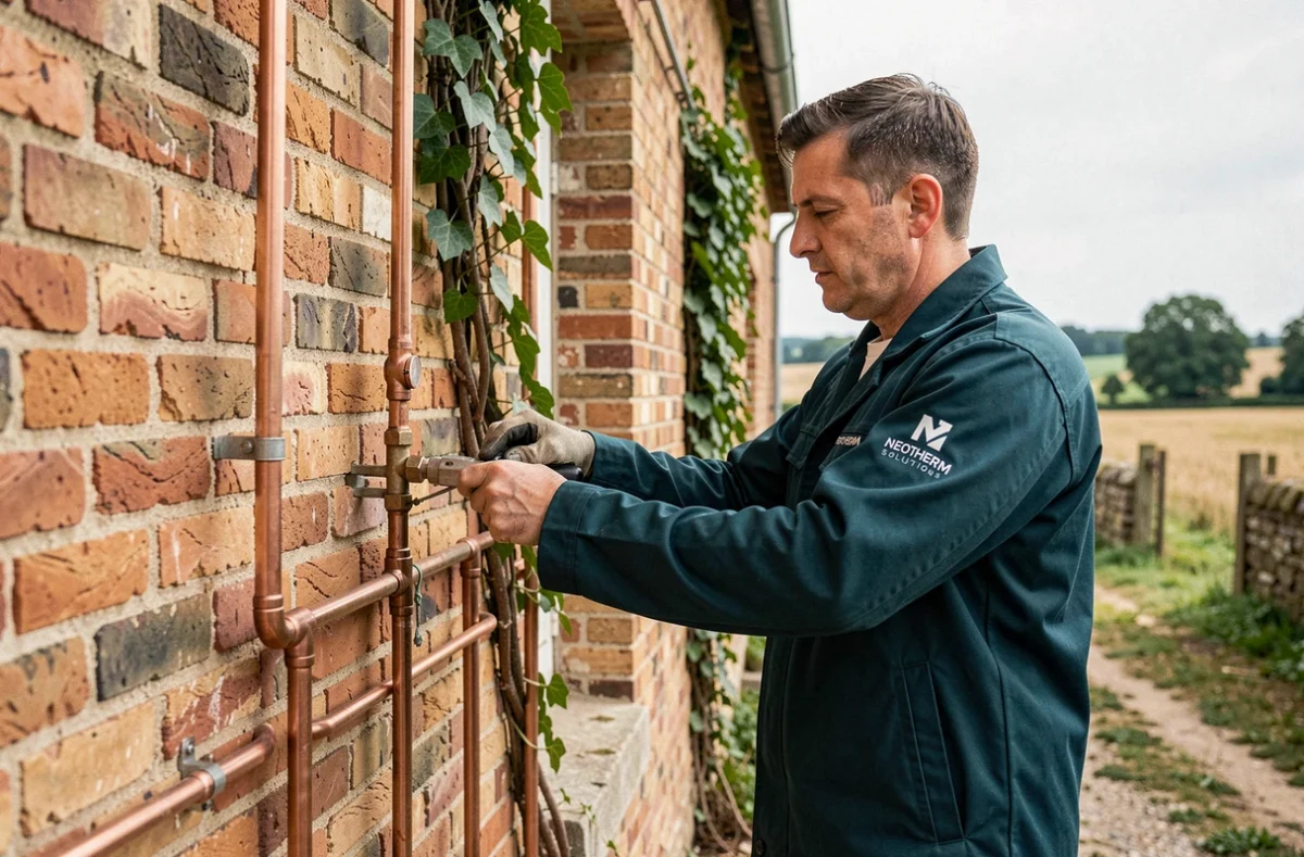 Technicien Neotherm Solutions posant des tuyaux en cuivre sur le mur extérieur d'une ferme dans l'Oise