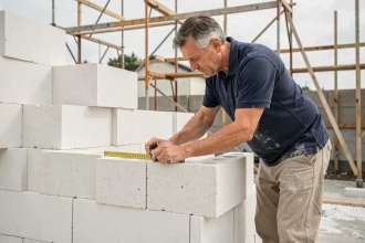 Ouvrier mesurant des blocs de Siporex pour un mur porteur sur un chantier résidentiel