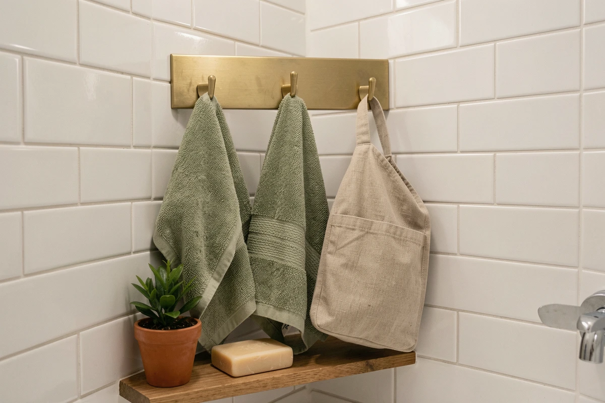 Patère double en laiton brossé sur carrelage blanc dans une petite salle de bain avec serviette et pochette lin