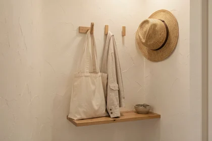 Patère murale en bois minimaliste dans une petite entrée d'appartement parisien pour optimiser l'espace