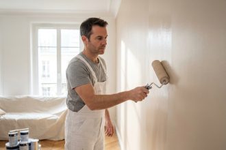 Peintre professionnel en salopette blanche appliquant de la peinture beige sur un mur de salon moderne avec un rouleau