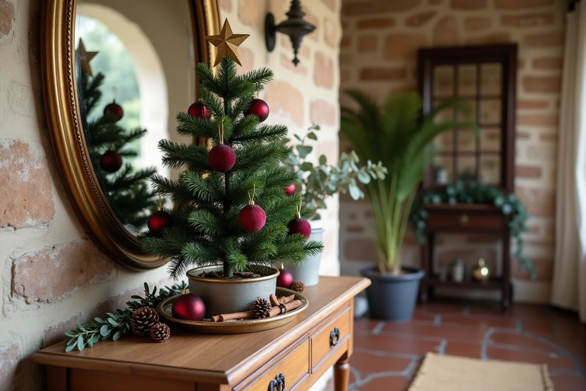 Petit sapin de Noël sur console en bois dans un couloir rustique avec miroir doré et décorations naturelles