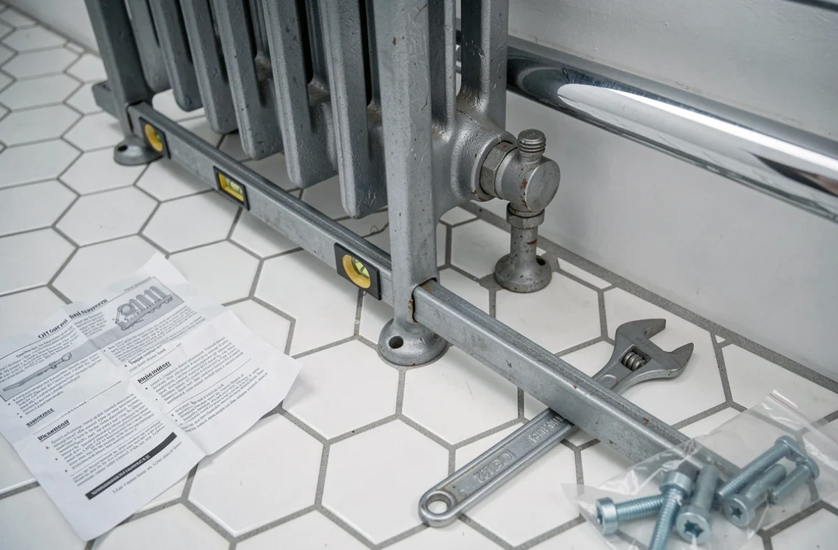 Gros plan sur un pied réglable de radiateur fonte avec niveau à bulle et clé sur carrelage blanc
