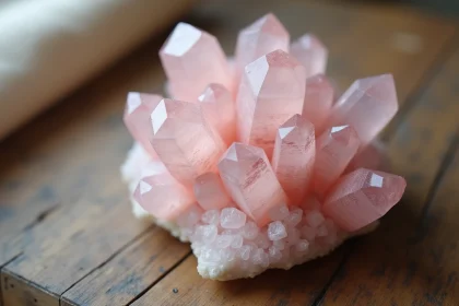 Pierre rose des sables avec formations en pétales posée sur une surface en bois rustique, détails texturés et tons rosés translucides