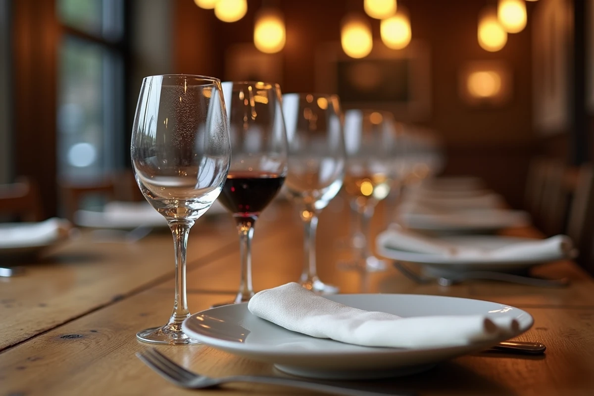 Gros plan sur le placement des verres à eau et à vin pour un couvert au restaurant