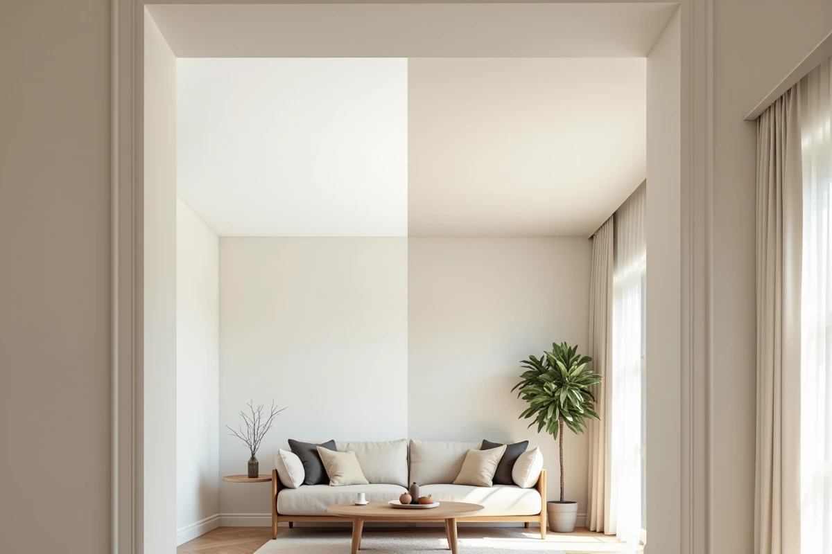 Intérieur de salon rénové montrant la différence visuelle entre peinture de plafond blanche mate et satinée sur une surface de 50m2