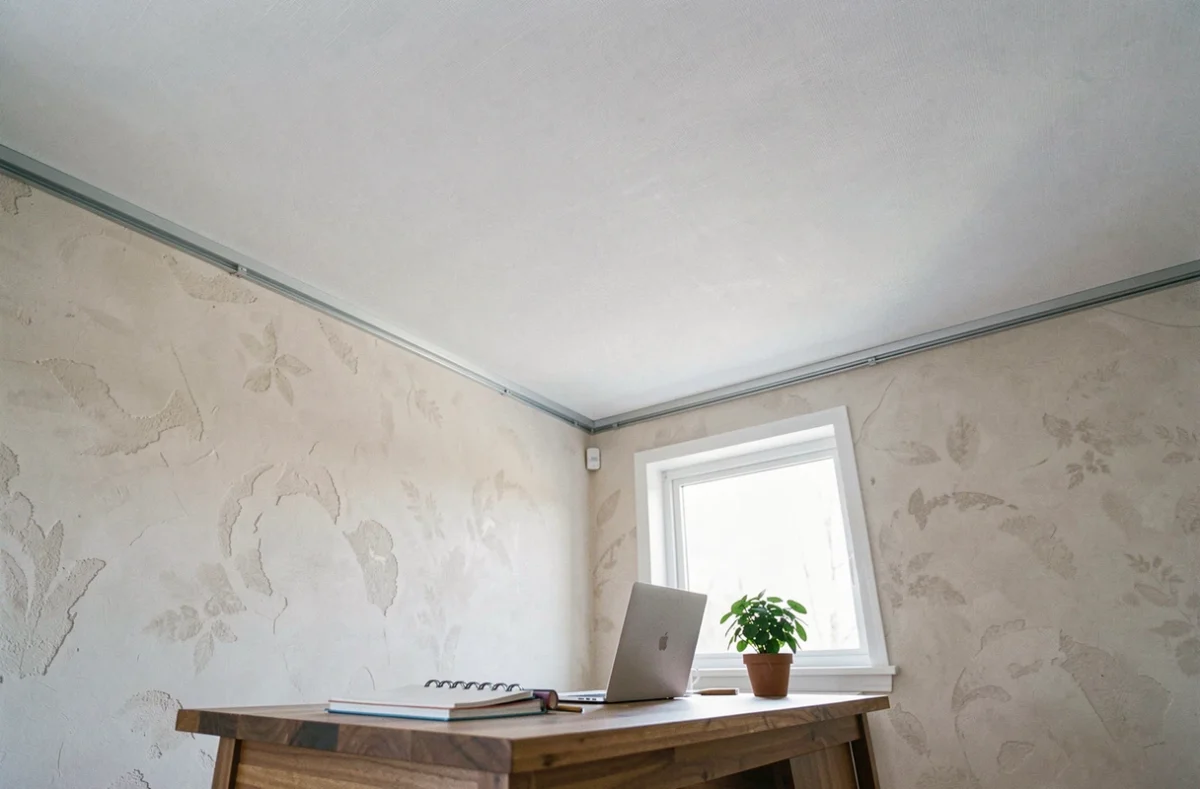Bureau à domicile rénové avec un plafond toile blanc tendu offrant une finition propre et moderne