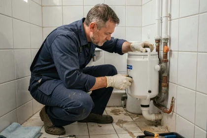 Plombier professionnel inspectant un sanibroyeur dans une petite salle de bain sous-sol