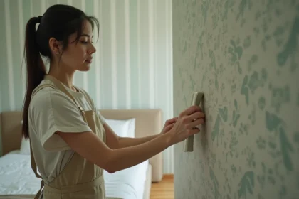 Femme posant un papier peint texturé vert sauge dans une chambre adulte cocooning, outil de lissage en main, avec un raccord visible en arrière-plan