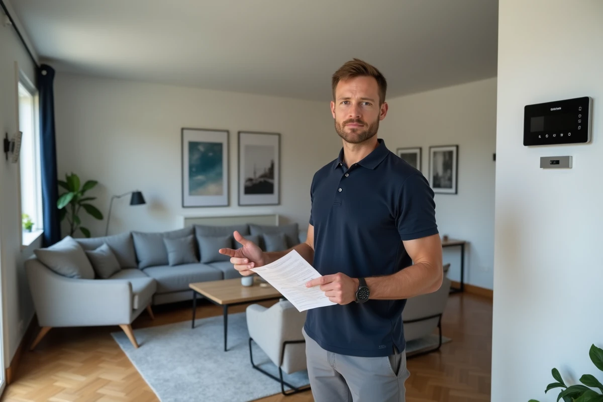 Propriétaire présentant son contrat d'assurance habitation dans un salon moderne de maison 120m2