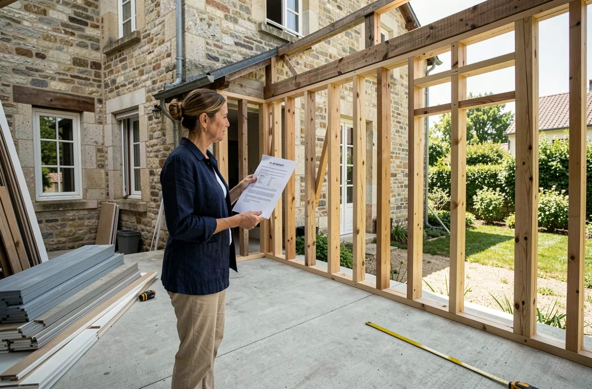 Propriétaire consultant un document réglementaire lors de la construction d'une extension de 40 m2 accolée à une maison en pierre