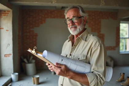 Propriétaire masculin dans un appartement en cours de rénovation consultant un carnet de travaux avec des murs en brique apparente et matériaux de chantier