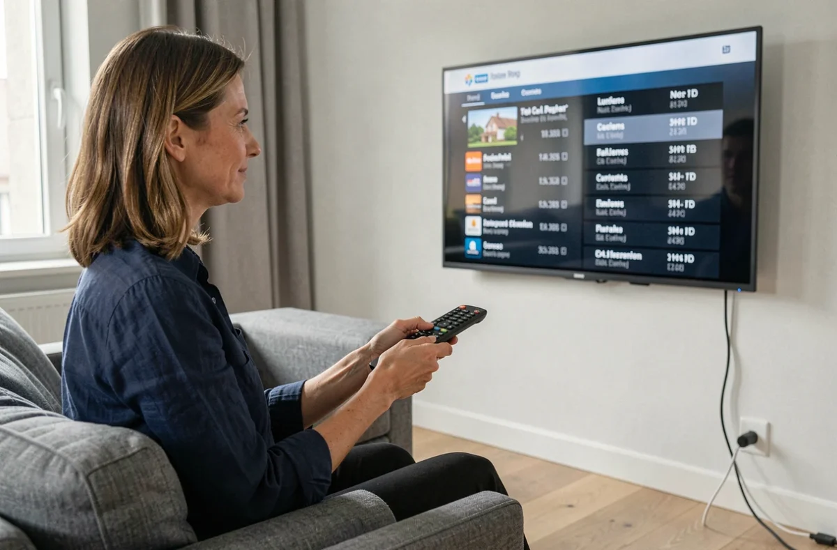 Femme regardant la télévision avec une réception TNT optimisée grâce à un amplificateur correctement réglé dans un appartement moderne