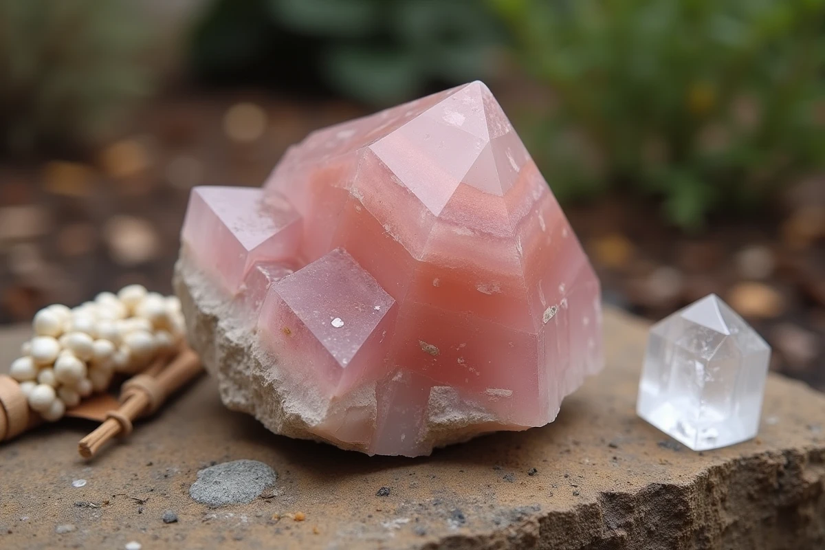 Pierre rose des sables posée dehors avec de la sauge séchée et un cristal de quartz pour une recharge énergétique naturelle en jardin