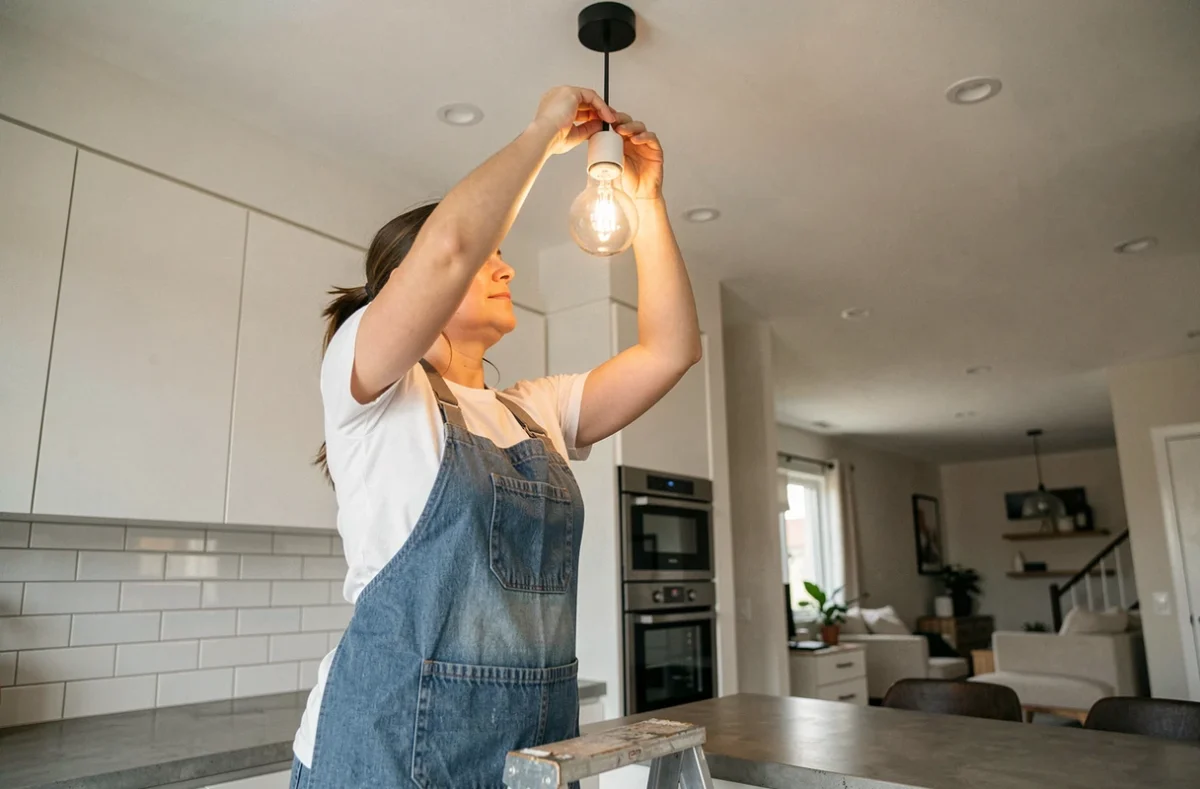 Femme remplaçant une ampoule incandescente par une ampoule LED dans un luminaire de cuisine moderne