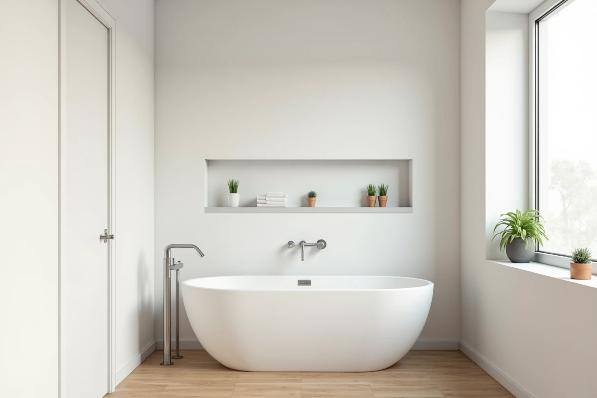 Salle de bains rénovée avec des murs en placo isolant hydrofuge peint, résultat final propre et moderne