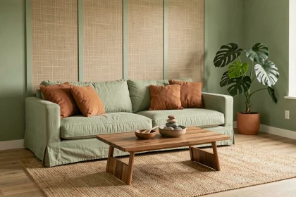 Salon convivial et reposant aux couleurs Feng Shui vert sauge et terracotta avec canapé en lin et plante verte