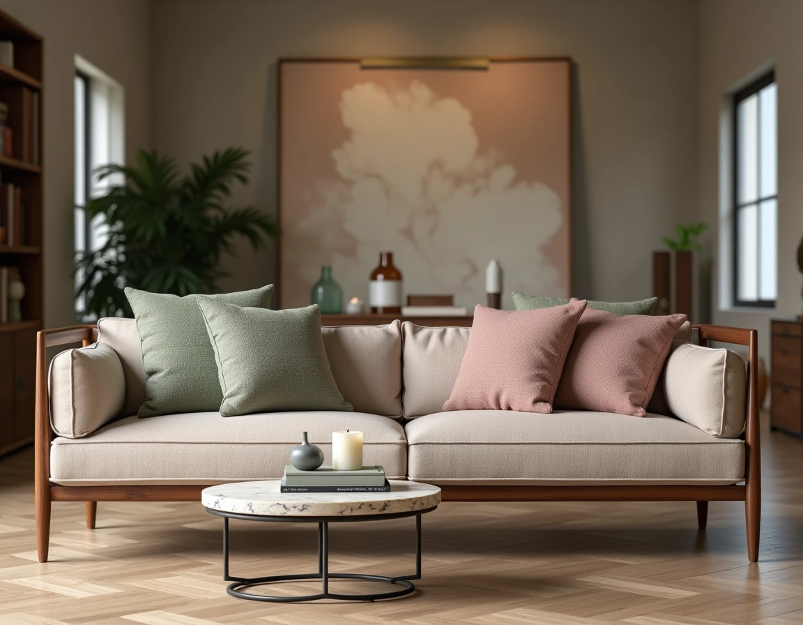 Mise en scène d'un salon moderne dans un showroom de décoration à Lyon avec canapé bouclé et table en travertin