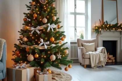 Sapin de Noël décoré style scandinave dans un salon minimaliste avec ornements en bois et guirlandes lumineuses