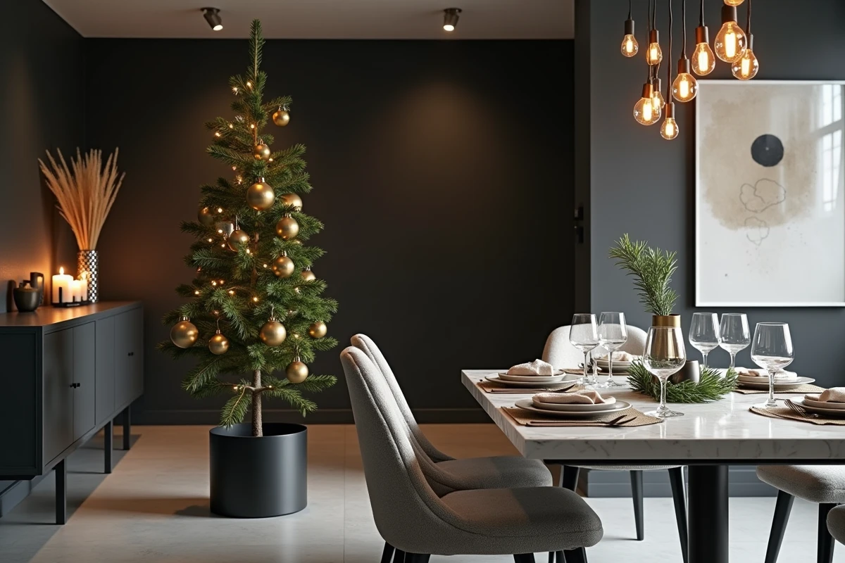 Sapin de Noël minimaliste en pot noir dans une salle à manger moderne avec ornements dorés et table de fête dressée