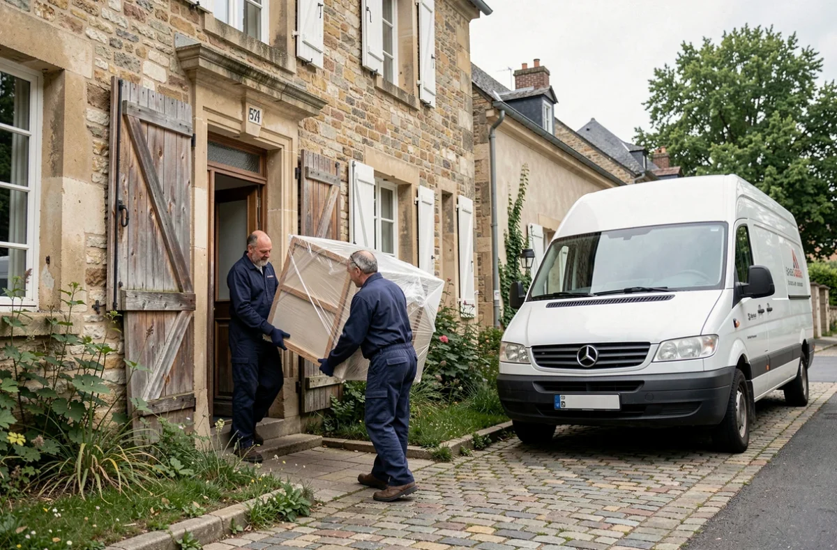Déménageurs professionnels vidant une maison de succession en province avec un camion devant une façade en pierre