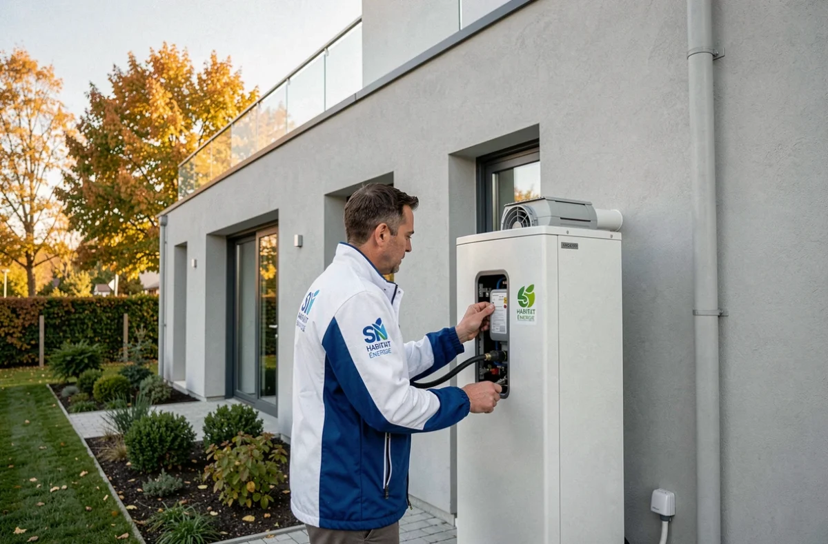 Technicien SN Habitat Énergie installant une pompe à chaleur sur une maison neuve moderne dans l'Oise