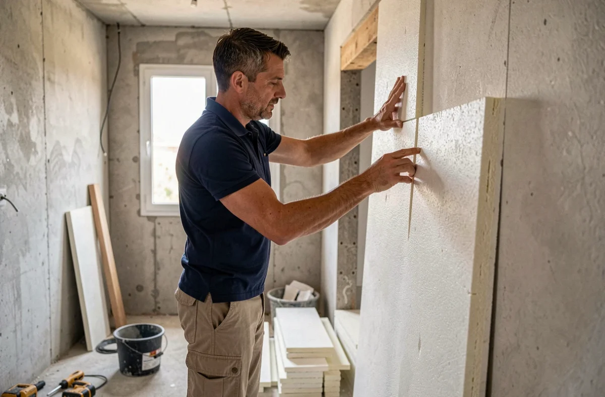 Ouvrier de Soares Rénovation posant des panneaux isolants dans un appartement à Nice