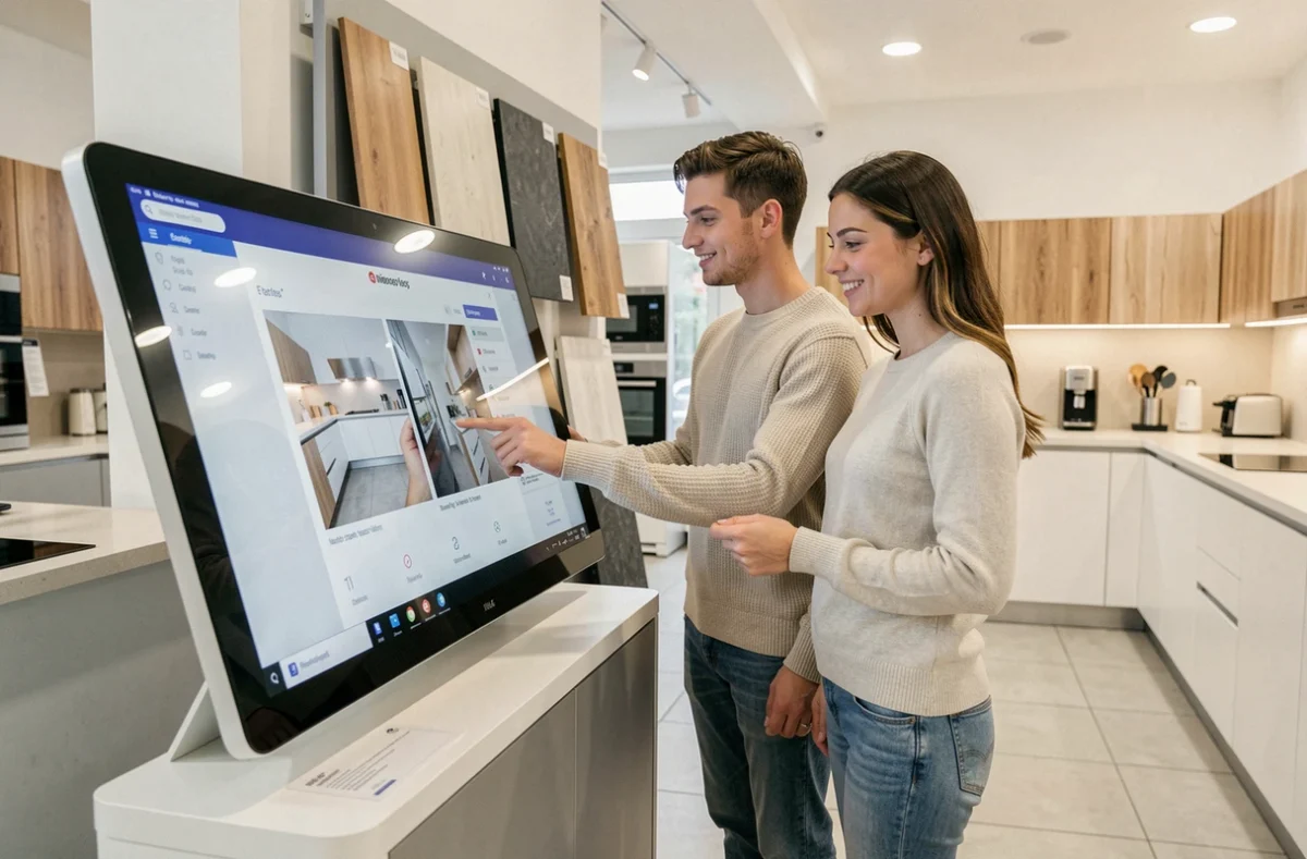 Couple configurant leur cuisine dans le showroom SoCoo'c de Nîmes sur écran interactif