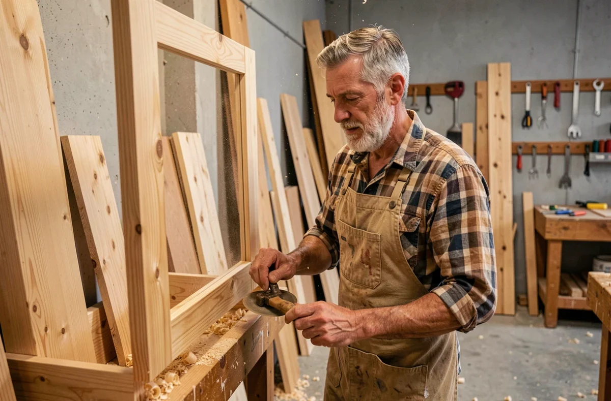Artisan cuisiniste indépendant Suau Eric ponçant une porte de meuble cuisine en bois