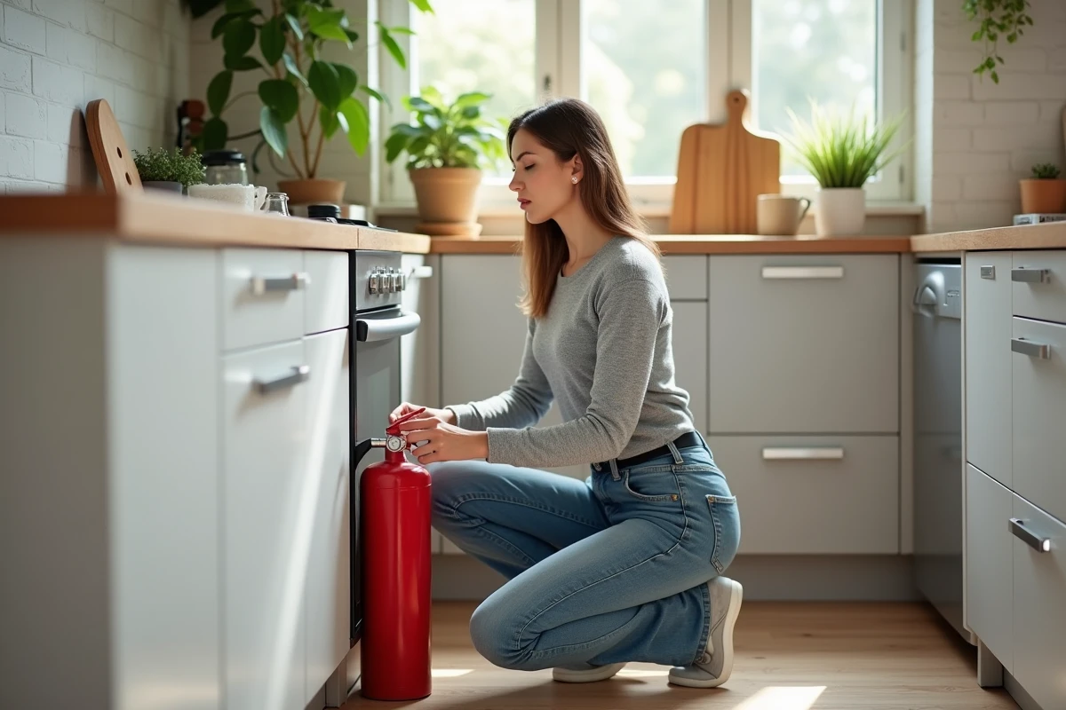 Femme teste un extincteur rouge dans une cuisine lumineuse