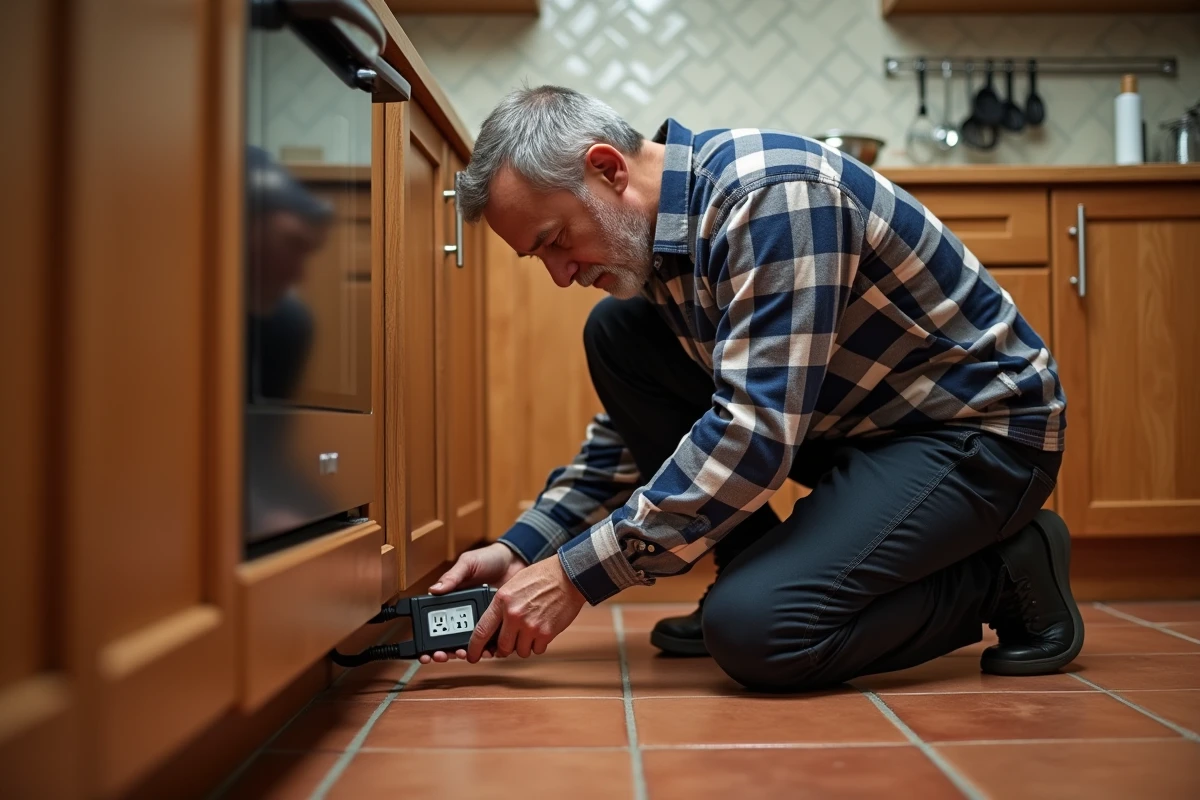 Homme vérifiant la mise à la terre d'une prise de cuisine avec un testeur de prise sous un plan de travail en bois
