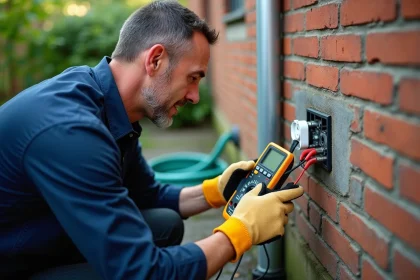 Électricien testant la mise à la terre d'une prise extérieure avec un multimètre numérique sur un mur en brique