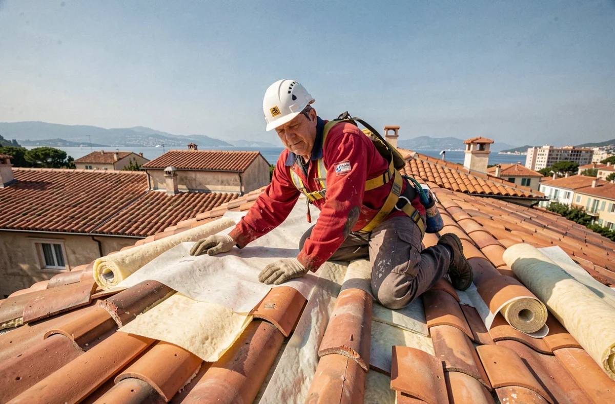Couvreur de Toitflex posant une membrane isolante sous des tuiles sur un toit à Nice