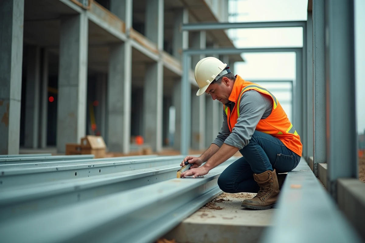 Technicien assemblant des tubes en aluminium carrés sur un chantier de construction en extérieur