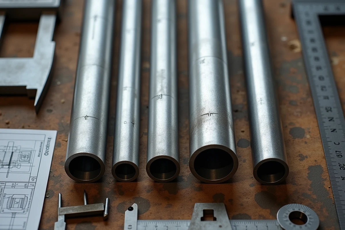 Vue de dessus de tubes en aluminium coupés de différentes tailles et sections sur un établi en bois