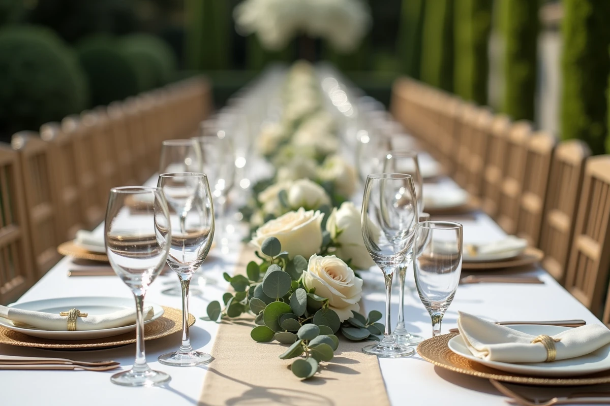 Vue panoramique d'une longue table de mariage avec verres en cristal disposés en symétrie parfaite