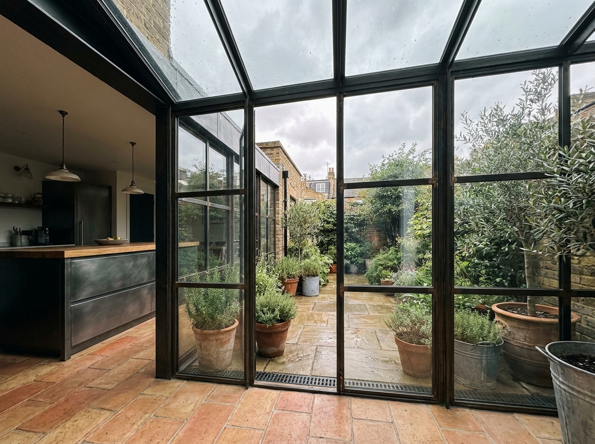 Extension de cuisine avec verrière industrielle noire donnant sur une cour intérieure urbaine avec carrelage terracotta