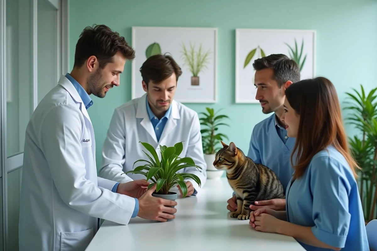 Vétérinaire montrant une plante toxique à un couple et leur chat