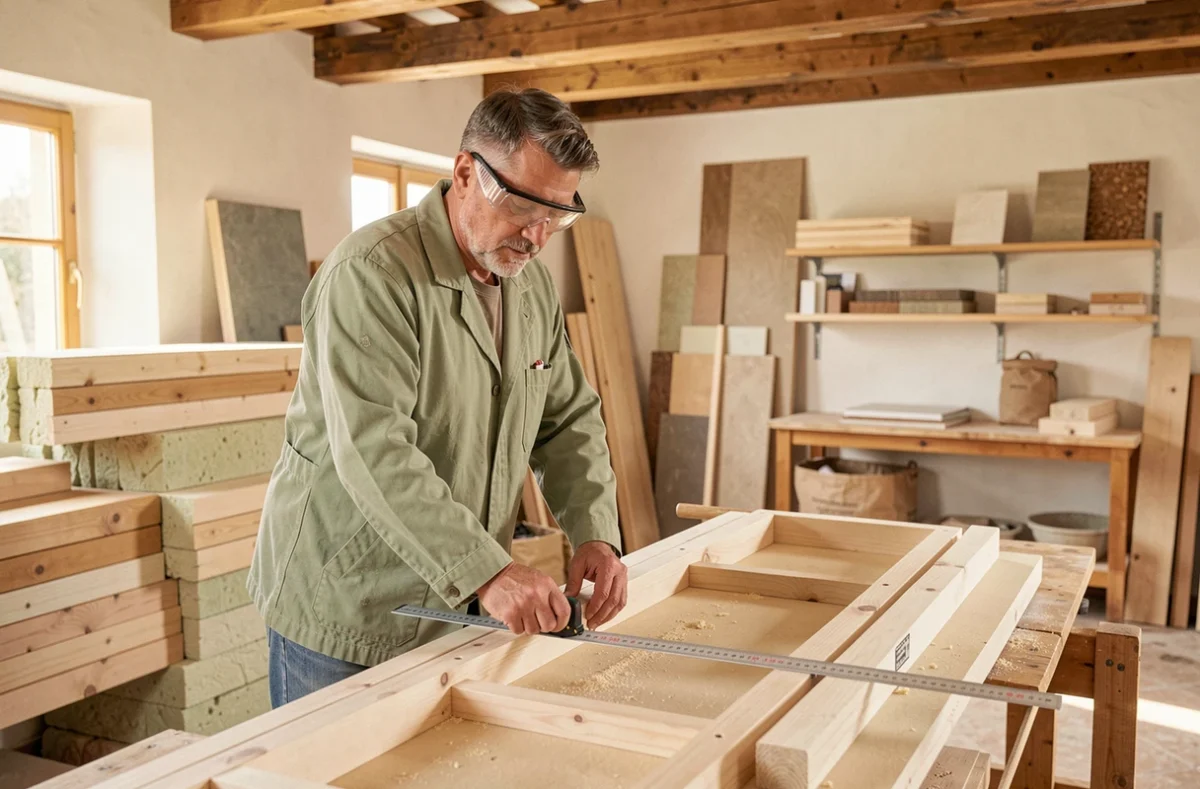 Artisan de Woodesign mesurant des panneaux bois pour isolation et aménagement à Antibes